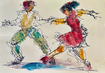 ink and watercolor drawing jive dancers loose energy colorful movement