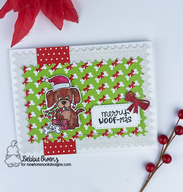 Merry Woof-mas by Debbie features Framework, Canine Christmas, Chrismas Puppies, and Pines & Holly by Newton's Nook Designs; #inkypaws, #newtonsnook, #puppycards, #cardmaking, #cardchallenge, #christmascards, #holidaycards
