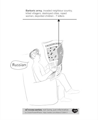 Cartoon of a man doing crosswords and identifying the Russian Army as perpetrator of barbaric acts