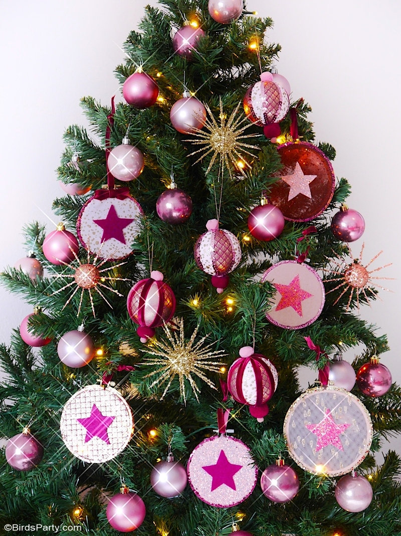 Three Easy DIY Christmas Tree Ornaments - gorgeous, glam DIY craft projects using embroidery hoops, baubles and fabric in pink and gold! by BirdsParty.com @birdsparty #ornaments #diy #diycrafts #christmas #christmascrafts #christmasdiy #christmastree #diyornaments #diychristmas #diychristmasdecor #christmasdecor #pinkgold #pinkchristmas #goldchristmas #pinkgoldchristmas #diyornaments #diychristmasornaments