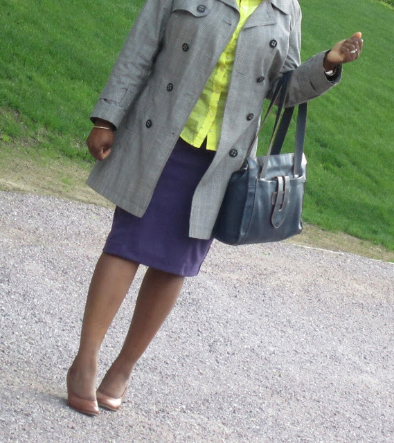 Purple Pencil Skirt Target, Yellow Shirt, Nude wedges, Window pane jacket