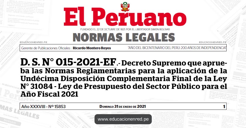 D. S. N° 015-2021-EF.- Decreto Supremo que aprueba las Normas Reglamentarias para la aplicación de la Undécima Disposición Complementaria Final de la Ley N° 31084 - Ley de Presupuesto del Sector Público para el Año Fiscal 2021