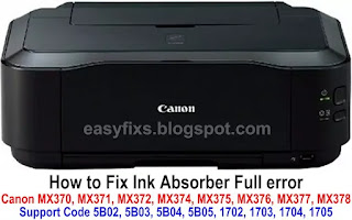 How to Fix Canon MX370, MX371, MX372, MX374, MX375, MX376, MX377, MX378 ink absorber full error, support code 5B02, 5B03, 5B04, 5B05, 1702, 1703, 1704, 1705