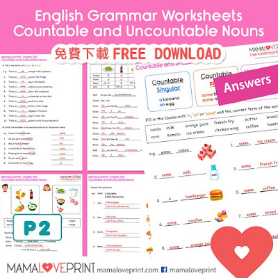 MamaLovePrint . Grade 2 English Worksheets . Basic Grammar (Countable and Uncountable Nouns) PDF Free Download