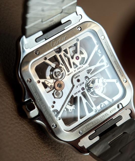 Revoir la réplique de montre Cartier Santos De Cartier squelette en acier inoxydable