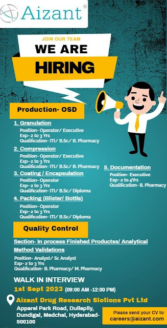 Aizant Drug Research Walk In Interview For Production OSD/ Documentation/ Packing/ QC
