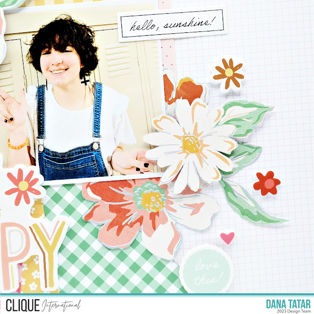 Floral, dot, and striped mixed print teen scrapbook layout using patterned paper and stickers from Felicity Jane, Jen Hadfield, and Simple Stories.