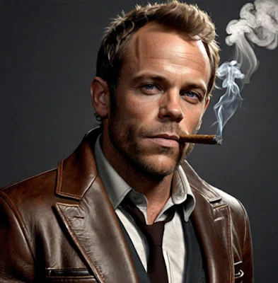 Wearing a brown leather blazer with a cigar in the mouth after Stephen Dorff