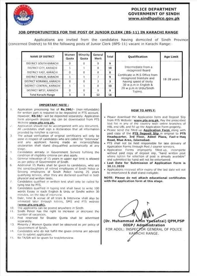 Sindh Police Junior Clerks Jobs 2020 Via PTS Apply Online for Karachi and Sukkur Regions