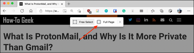 انقر فوق صفحة كاملة من Web Capture في Microsoft Edge