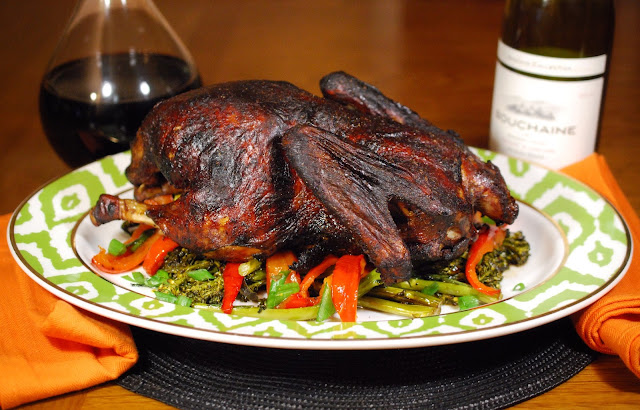 Blackened Five-spice Duck with Roasted Peppers and Broccolini and Clementine Rice and Bouchaine Pinot Noir