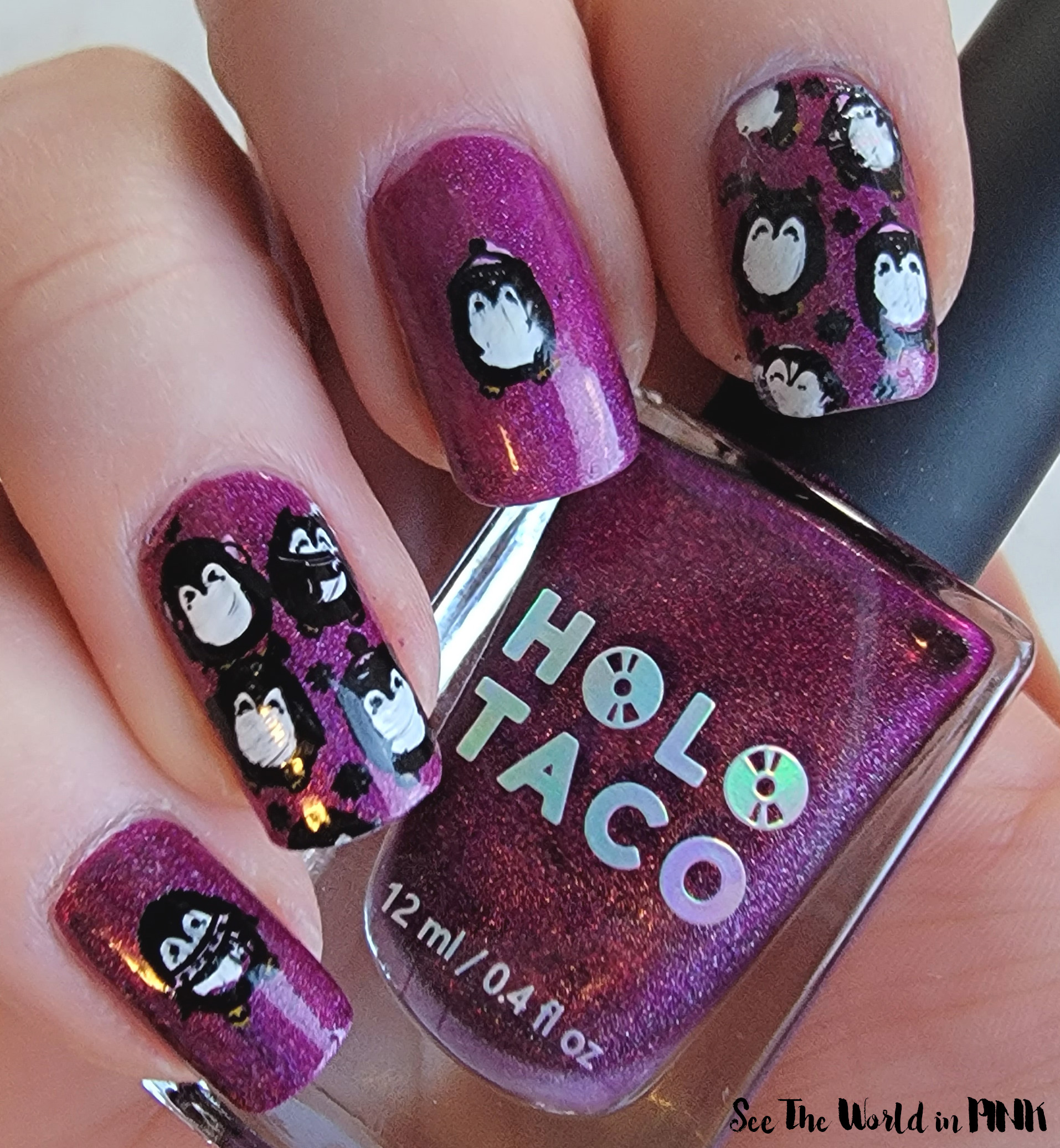 Manicure Monday - Magenta Warm & Fuzzy Winter Penguin Nails