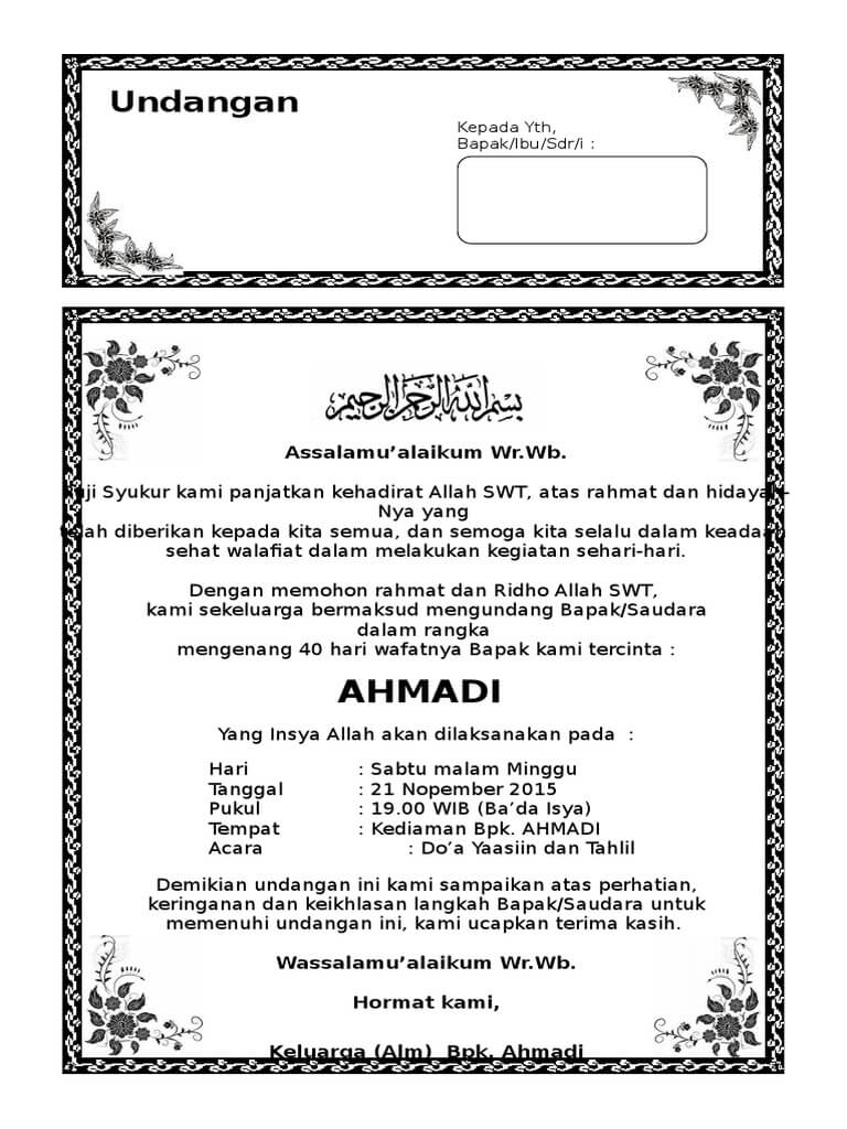 7 Contoh Undangan Tahlil / Tahlilan Terlengkap  Assalam Print