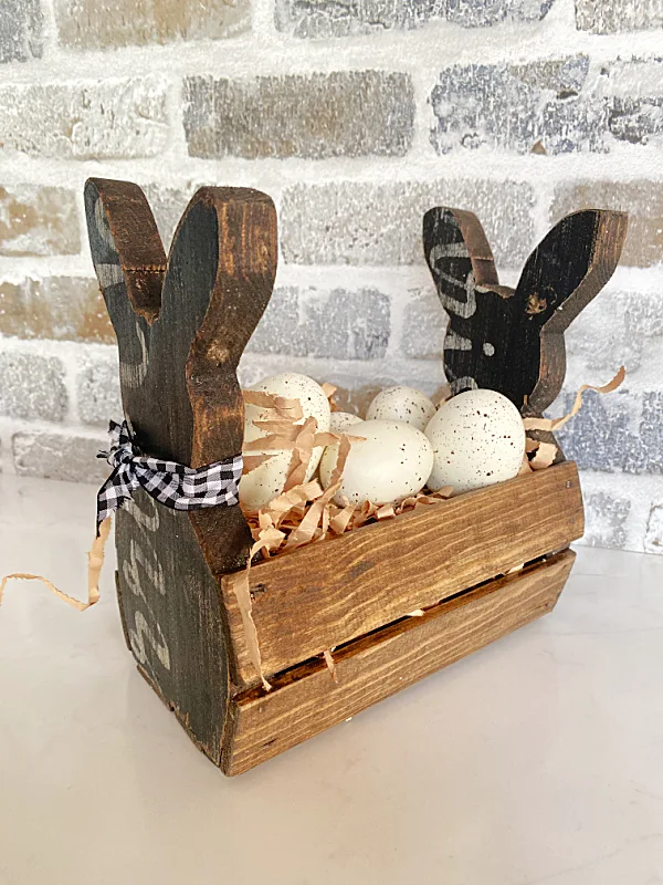 wooden bunny planter with eggs