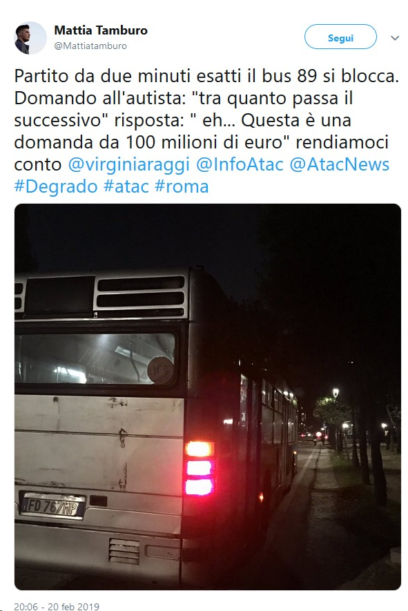 Situazione Trasporto Pubblico Roma giovedì 21 febbraio