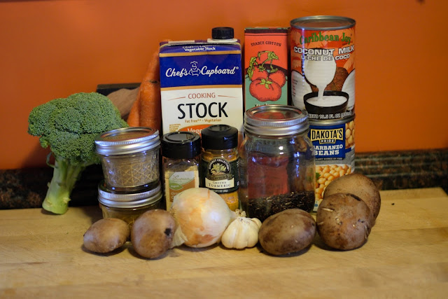 The ingredients needed to make the coconut chickpea and curry soup recipe.