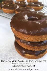 Doughnuts at weddings are so popular. Make your own with this Homemade Banana Doughnuts With Chocolate Shell Wedding Favors recipe from www.abrideonabudget.com.