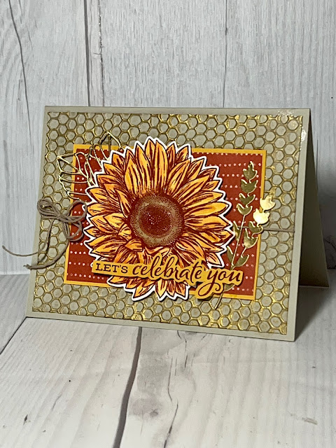 Greeting card with lage sunflower image over a honeycombed background using Celebrate Sunflowers Stamp Set by Stampin' Up!