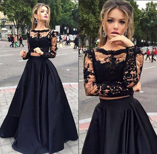 Scoop Neck Black Tulle Elastic Woven Satin Appliques Lace Long Sleeve Two Piece Prom Dress 