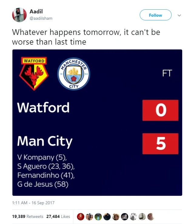 Watford fan @aadilsham tweets his own prediction for the Manchester City game