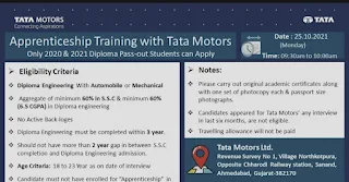 Tata Motors Limited Recruitment Diploma Freshers For Apprenticeship Training | Walk-in Interview On 25.10.2021