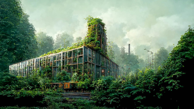 An industrial warehouse made with the AI text-to-image software "Midjourney". Style = "covered by overgrown forest".