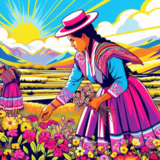 paisaje peruano con chola recolectora de flores
