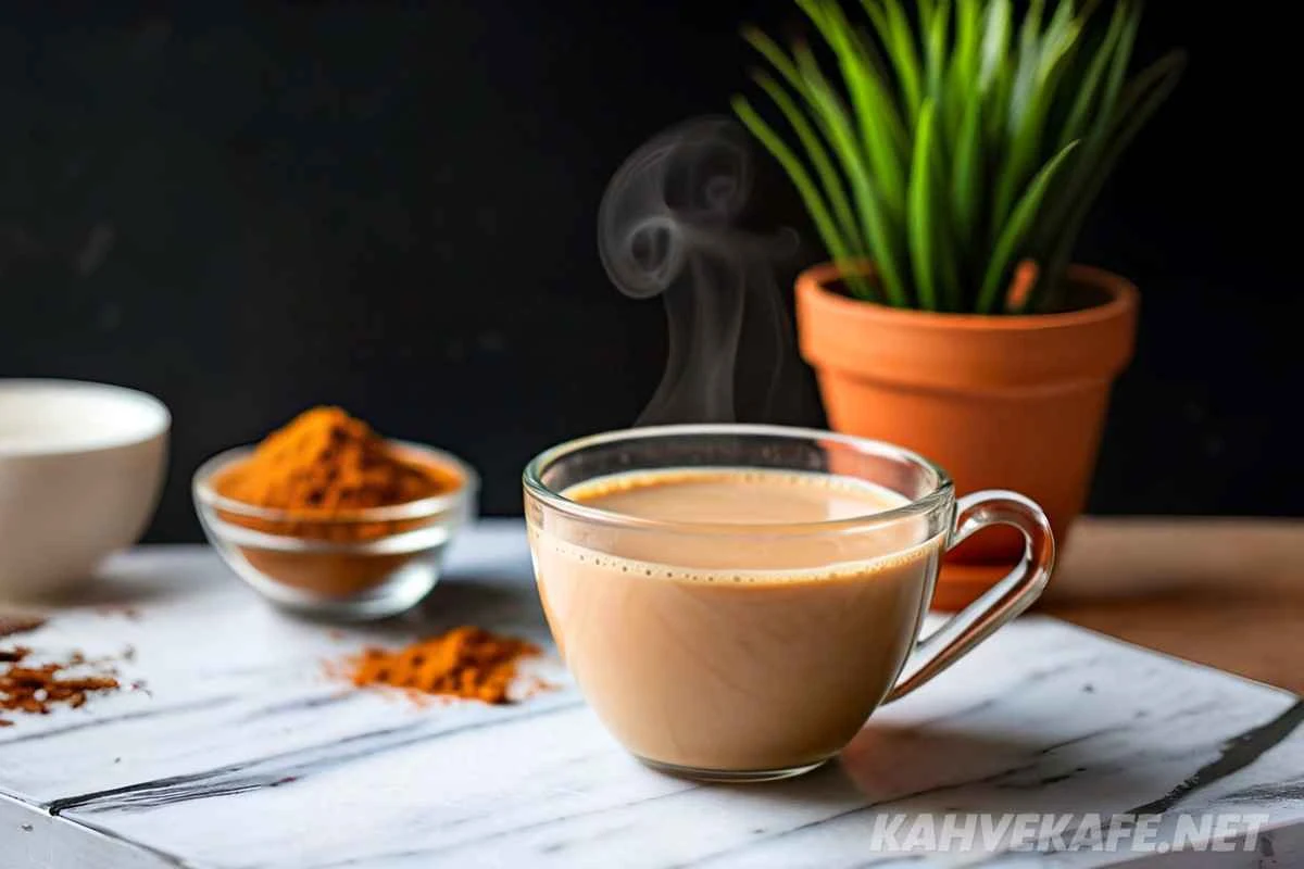 Masala çayı hazırlama yöntemi ve sağlık faydaları ile ilgili bir görsel, baharatlı çayın içeriğini gösterir.