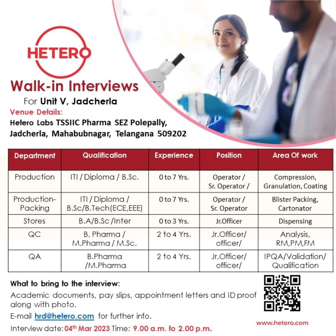 Job Availables, Hetero Labs Pharma Walk In Interview For Fresher & Experienced Candidates In Production/ Stores/ QC/ QA