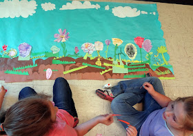 pollination art project, cut paper garden mural, spring science art project