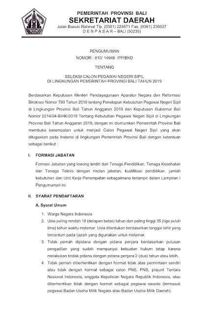 Seleksi CPNS Di Lingkungan Pemerintah Provinsi Bali Tahun 2019