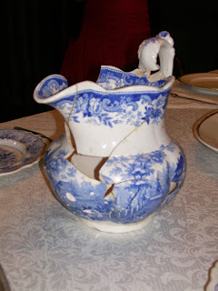 Re-constructed blue transferware pitcher from the Edwards House, Springfield, IL.