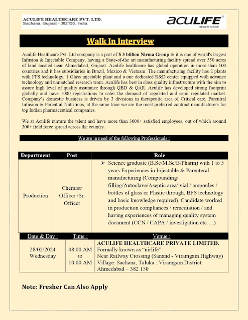 Aculife Healthcare | Walk-in interview for Production on 28th Feb 2024