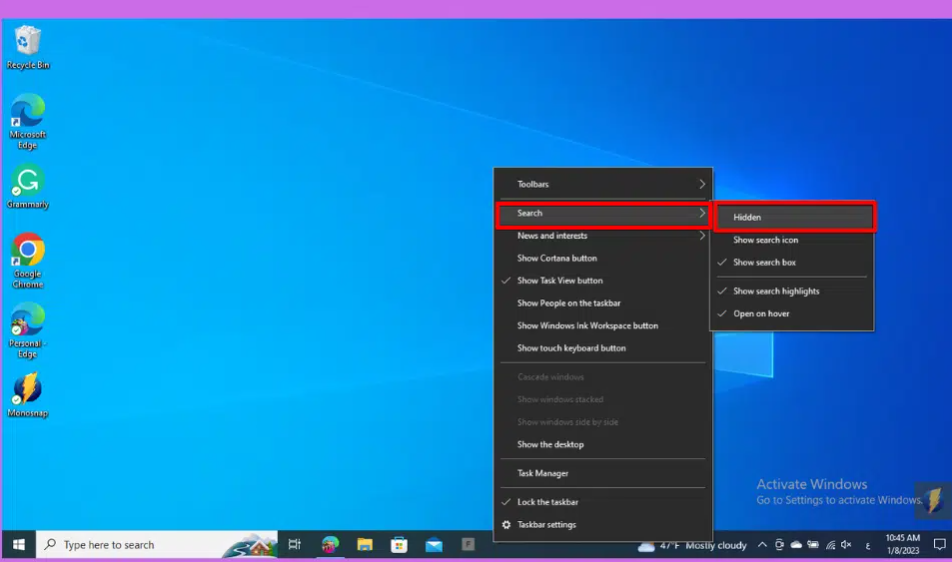 How to hide the search button from the taskbar: