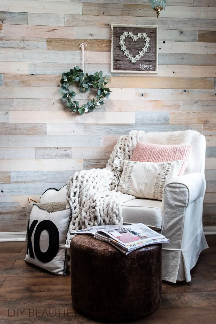 cozy reading corner with wood wall, Valentines decor and chunky chenille throw