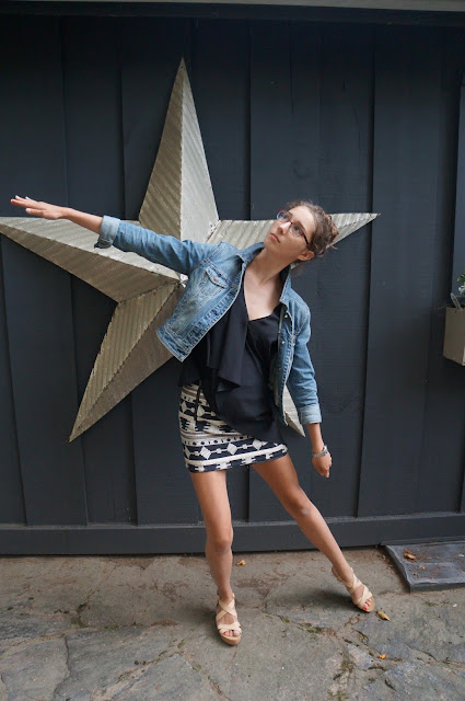 Candid, American Eagle jean jacket, H&M top, Topshop skirt, Joe Fresh Nude flatforms/platforms