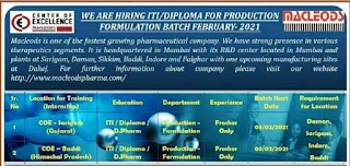 Macleods Pharma Recruitment for Freshers ITI/ Diploma/ D.Pharm Candidates For Daman/ Sarigam/ Indore/ Baddi Location