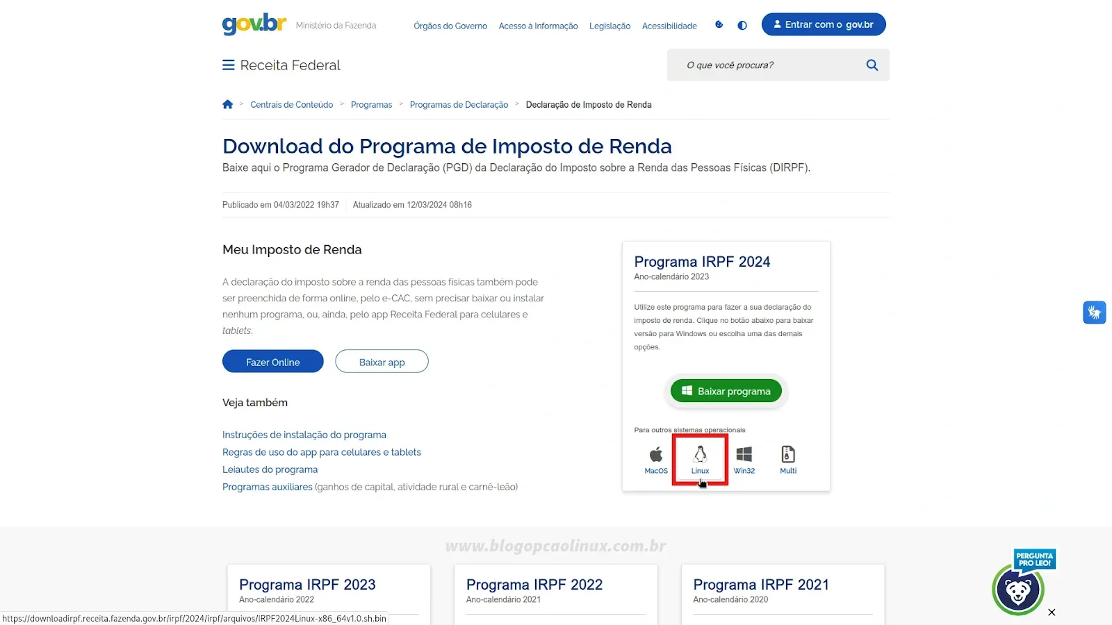 Página de download do Programa Gerador do Imposto de Renda 2024 (em março de 2024)