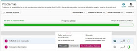 Listado 'Problemas'. Incluye una barra horizontal de progreso destacada. En uno de los problemas está desplegada la ayuda, que incluye: título del problema, descripción, solución y principio, pauta y criterio asociado. 