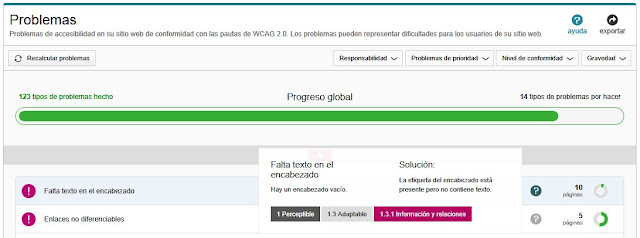 Listado 'Problemas'. Incluye una barra horizontal de progreso destacada. En uno de los problemas está desplegada la ayuda, que incluye: título del problema, descripción, solución y principio, pauta y criterio asociado. 