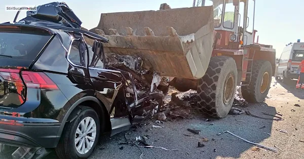 VIDEO Accident înfiorător pe centura Rădăuților. Un șofer a murit în mașina strivită de cupa unei vole