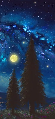 Wallpaper For Phone Night, Stars, Trees, Moon, Clouds, Painting