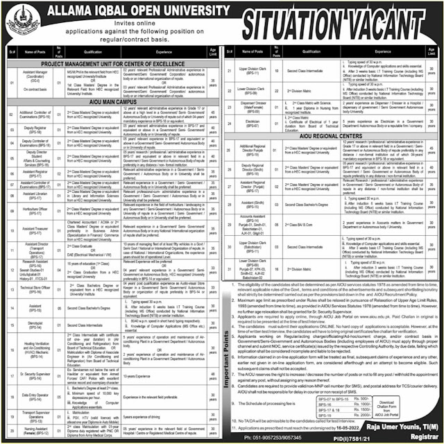 Latest Allama Iqbal Open University AIOU-Jobs-May-2022