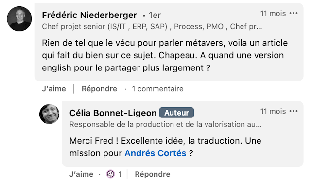 Capture d'écran d'un échange sur LinkedIn : Frédéric Niederberge propose de traduire l'article en anglais pour le diffuser plus amplement. Je réponds en mentionnant Andrés Cortés pour lancer la traduction.