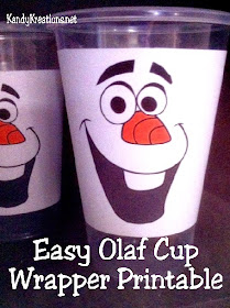 Spice up your party drinks and snacks with this cute cup wrapper printable.  Olaf smiles from the wrapper to brighten up your Frozen birthday party.  It's quick, easy, and free to add your favorite snowman to the party