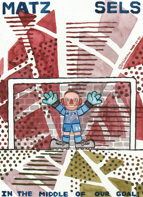 A cartoon-style watercolour painting. Sels is standing in front of the goalpost, smiling and his arms stretched. The netting behind him is stylised to look like a brick wall pattern. Red, gray and green triangular abstract patterns are spreading out behind Sels in the centre, which was inspired by the Adidas 24/25 goalkeeper template.