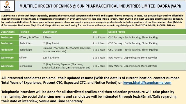 Sun Pharma | Multiple openings in Production & Warehouse at Dadra API unit