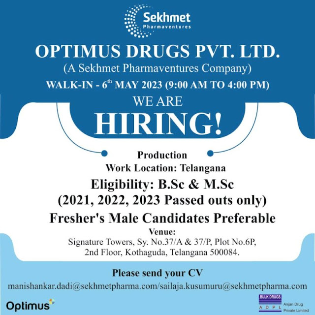 Optimus Drugs Pvt Ltd Walk In For Fresher MSc/ BSc Candidates - Production Department