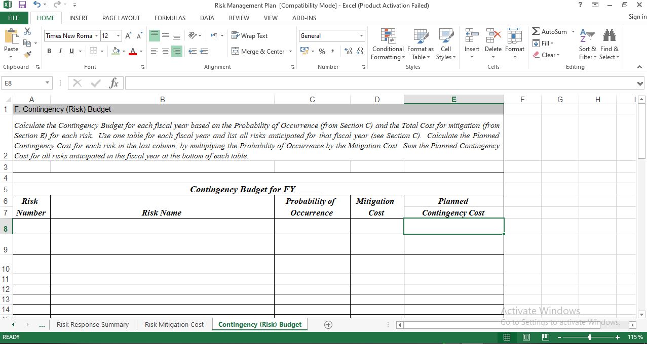 Contingency (Risk) Budget Sheet