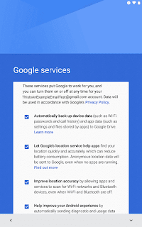 Android initial setup, Google Services selection window